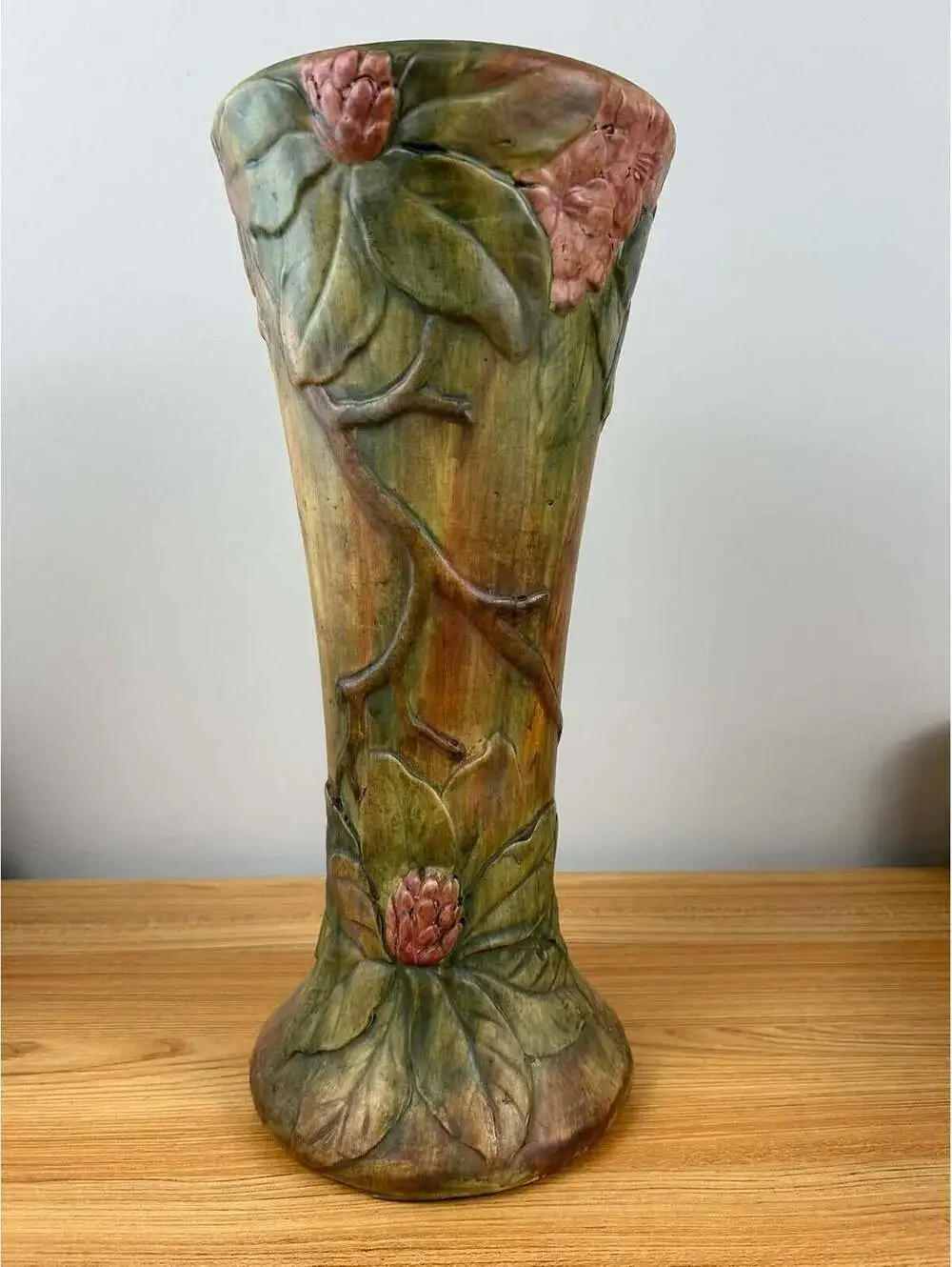 Vintage Weller Pottery Flemish Rhododendron Floor Vase /Tan/Green 16” Excellent